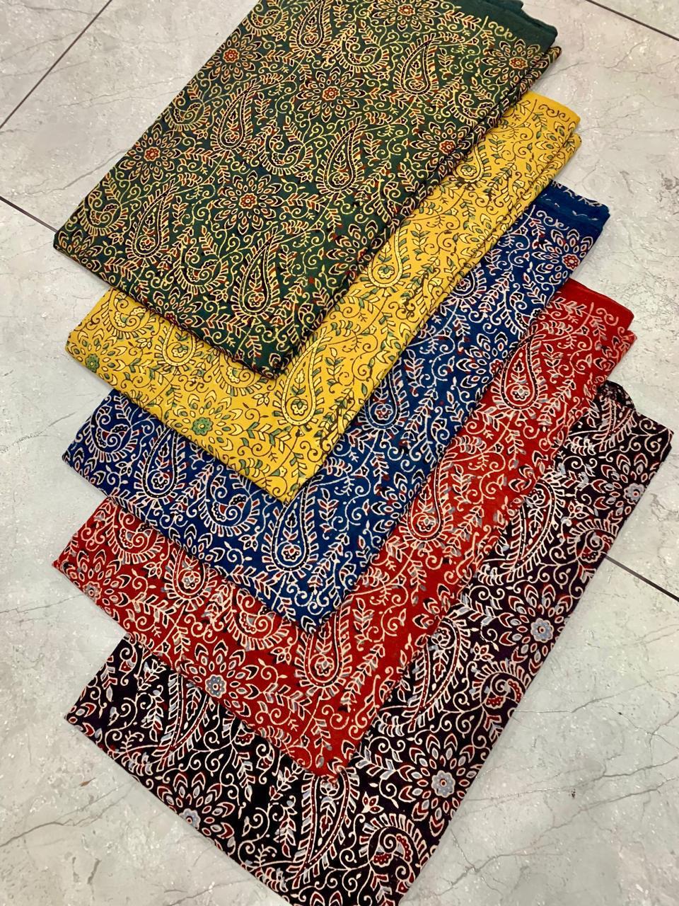 Ajrakh pure cotton handblock printed fabric with multicolour rose-inspired motifs